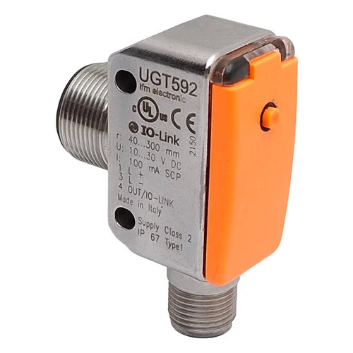 IFM UGT592 Ultrasonic Sensor, IO-Link, 40-300mm Range, PNP, M12 4-Pin, 10-30VDC