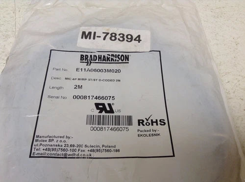 Woodhead Brad Harrison E11A06003M020 Ethernet Cable 2M Micro 4P D-Coded New