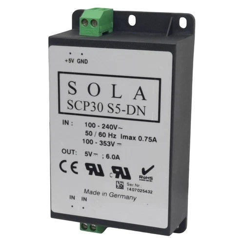 Sola SCP30 S5-DN Power Supply, 100-240VAC 100-353VDC In, 6A 5VDC Out, DIN Rail