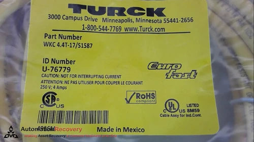 TURCK WKC 4.4T-17/S1587, EUROFAST SINGLE ENDED CORDSET, U-76779, NEW #275497
