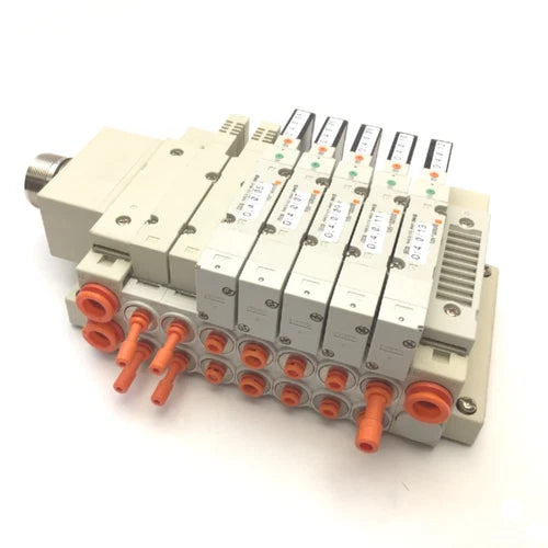 Lot of 5 SMC SV2400-5FU 3-Position 24VDC Solenoid Valve w/Manifold Assembly Base