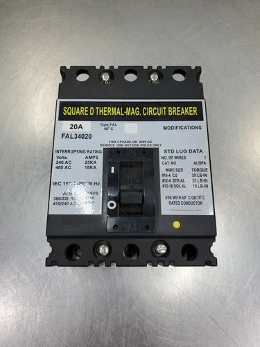 Square D FAL34020 Circuit Breaker, 3 Pole, 20A, 480V.                      4F-50