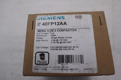 SIEMENS 40FP12AA CONTACTOR SZ2 1PH OPN 120/240V STOCK 4601
Opens in a new window or tab