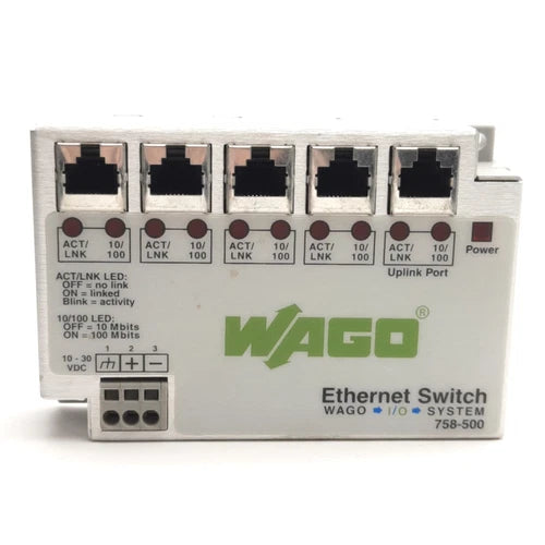 Wago 758-500 Ethernet Switch I/O System 5-Ports RJ-45, 30V DC @ 70 mA, DIN Rail