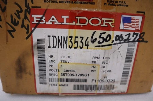 New Baldor IDNM3534 Inverter Duty AC Motor .33HP 1725RPM 3PH 60Hz STOCK H1569
Opens in a new window or tab