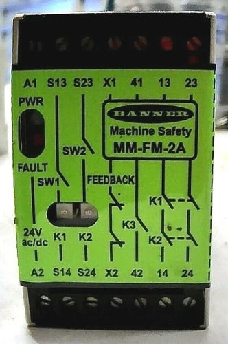 BANNER MM-FM-2A MACHINE SAFETY RELAY (GRN) 24VAC/DC 250MA MAX 4A RESIST. LOAD FS