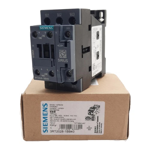 Siemens 3RT2028-1BB40 Power Contactor, 3-Pole 1NO + 1NC, 38A 400VAC, 24VDC Coil